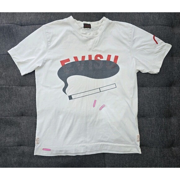 Vintage Evisu Heritage Graphic T-Shirt Large White Cigarette Smoke Logo Japan - Picture 1 of 11